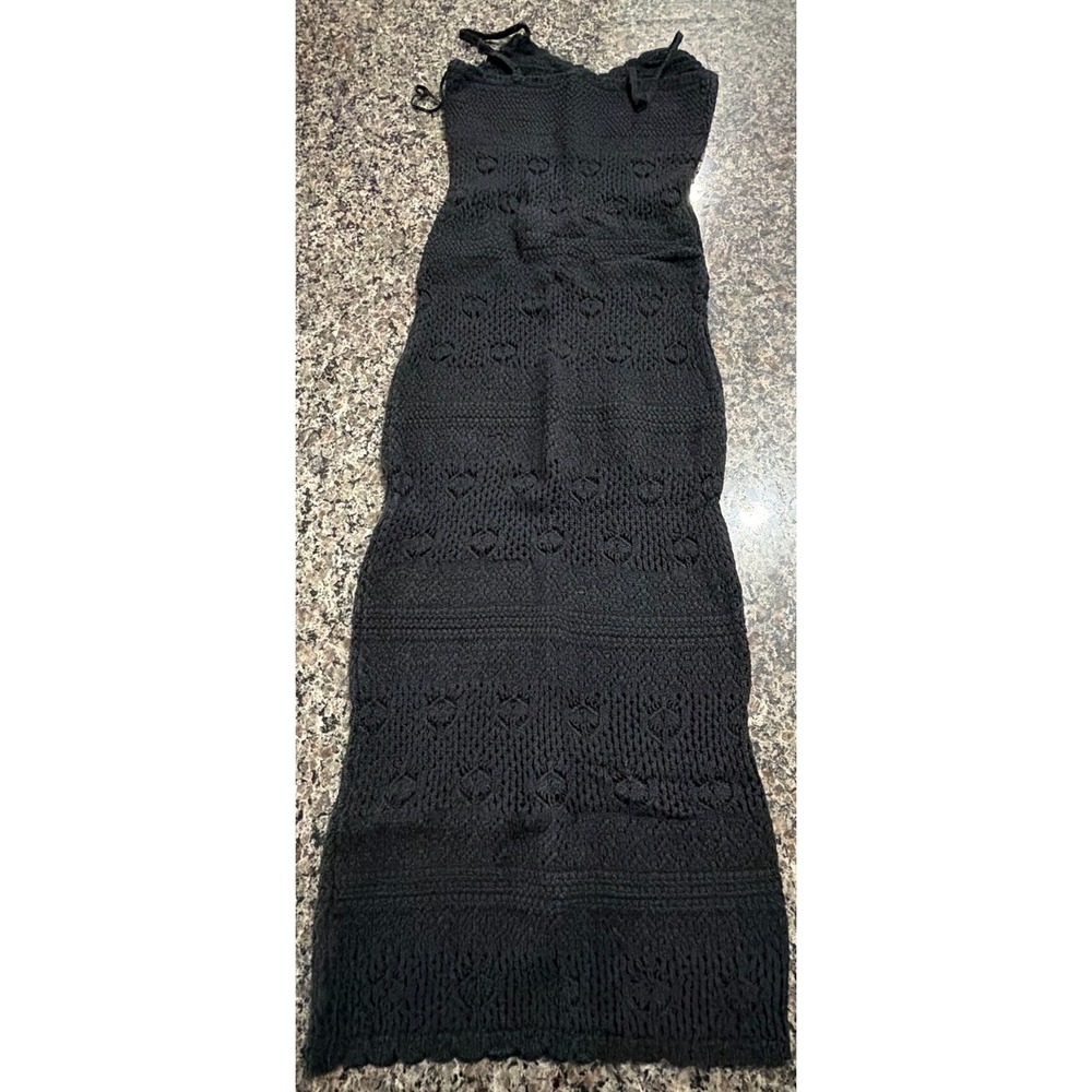Crochet Knit Heart Pattern Maxi Dress Spaghetti Strap Bodycon Scalloped Hem